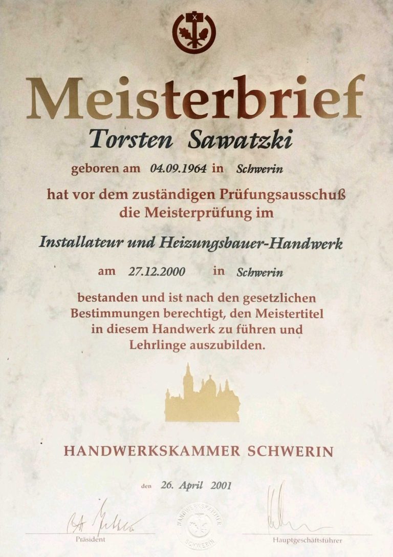 Meisterbrief Torsten Sawatzki - Installateur und Heizungsbauer-Handwerk